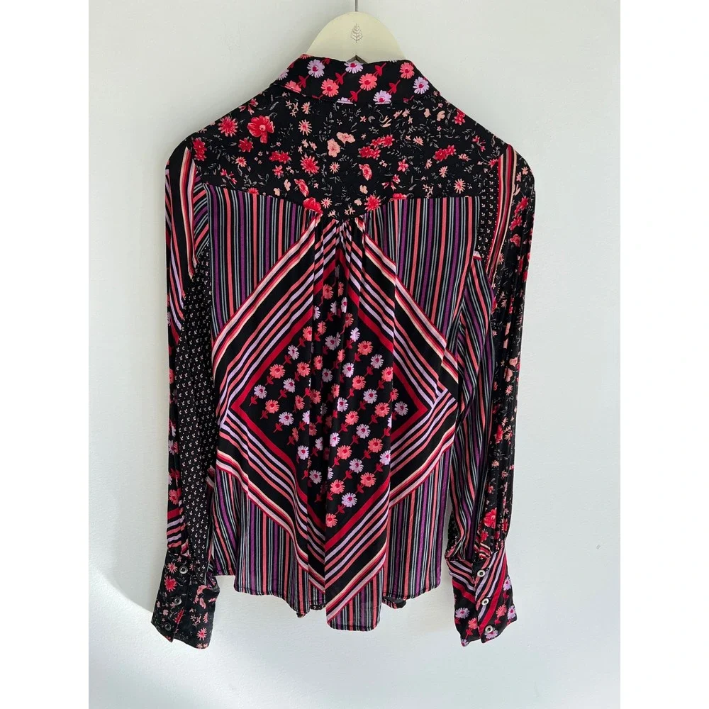 Free People Hazel Buttondown Black Combo Floral Stripe‎ Blouse XS Boho Top